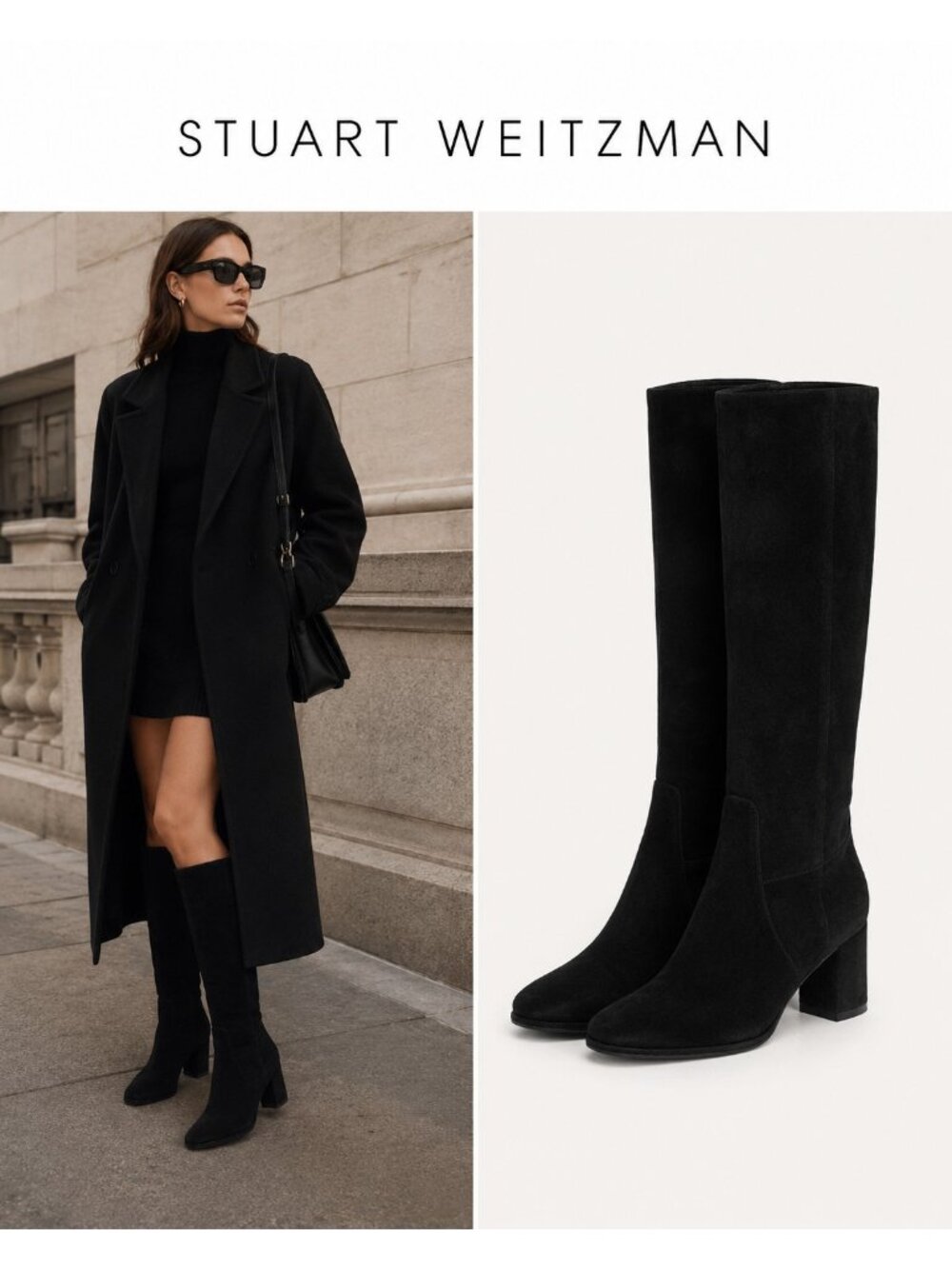 Stuart Weitzman Black Suede Knee High Boots Block Heel Size 10 Made in Spain